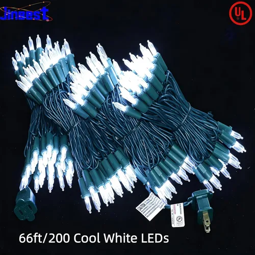 Vista 2 de 200 luces LED de Navidad blancas frías, certificación UL y luces comerciales de alambre verde de 66 pies, para interiores y exteriores, invierno