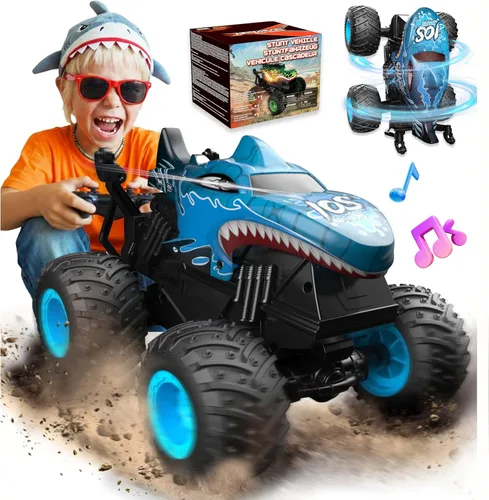 Vista 9 de BEZGAR Monster Truck Toys - Camión monstruo de control remoto con luz y música, juguetes de dinosaurios para niños, camión RC a escala 1:20 con Azul