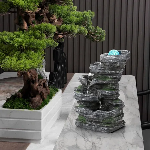 Vista 5 de WICHEMI Fuente de agua de mesa, fuente de agua para interiores con bola rodante LED, rocas apiladas, función de agua, meditación zen para decoración