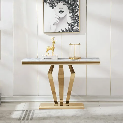 Vista 8 de Mesa consola moderna de cristal, mesa de sofá dorada de 55 pulgadas con marco de metal resistente y parte superior de vidrio templado negro