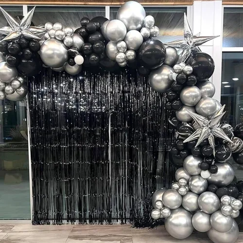 Vista 7 de Globos negros y metálicos plateados, 50 piezas de globos negros y plateados de 12 pulgadas, globos para fiestas para cumpleaños, graduación, Año