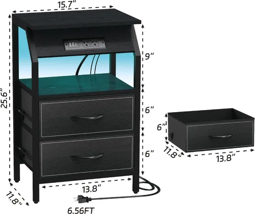 Vista 3 de SZLHANJZ Mesa auxiliar con luz, mesita de noche LED con 2 cajones y estación de carga tipo C, mesita de noche de tela pequeña para mesita de noche