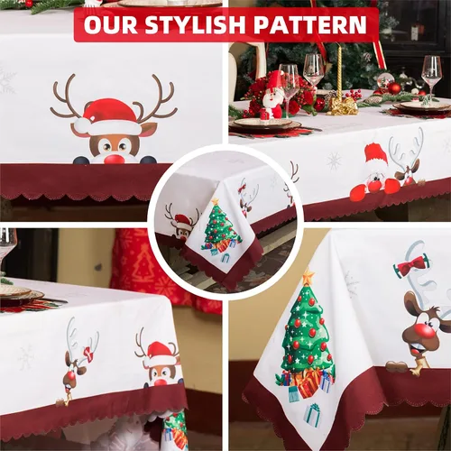 Vista 4 de Mantel rectangular impermeable de Navidad de 60 x 84 pulgadas, decoración navideña impresa para Nochevieja, mantel oblongo, tela lavable