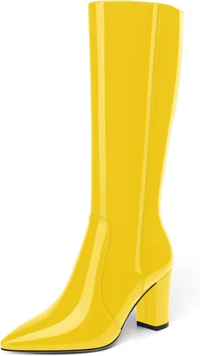 Vista 43 de AMBELIGHT Botas altas hasta la rodilla con cremallera y puntera puntiaguda para mujer, de patente sólida, tacón alto, 3.3 pulgadas