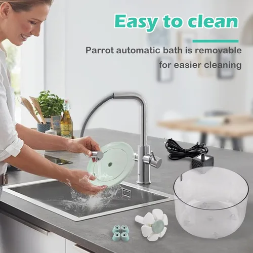 Vista 5 de Baño Automático para Pájaros, Bañera de Loro con Fuente de Pétalos Filtro Circulante Jaula Baño de Pájaros Ducha Cacatúa Baño de Pájaros