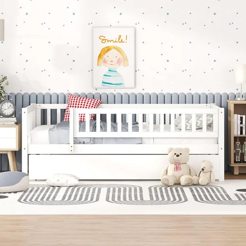 Vista 12 de Cama de plataforma para niños de tamaño individual con valla de seguridad con nido, plataforma multifuncional de madera maciza, marco de cama