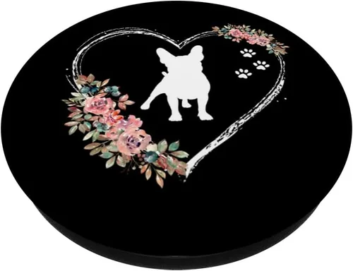 Vista 2 de Bulldog francés con huellas y flores en PopSockets negros intercambiables PopGrip