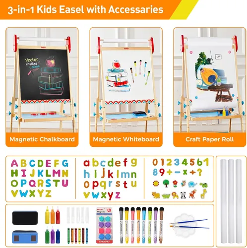 Vista 3 de FUNLIO Caballete de Arte Anti-Deformación para Niños, 3 Alturas Ajustables para Niños de 2 a 8 Años, Caballete Todo-en-Uno para Niños Pequeños