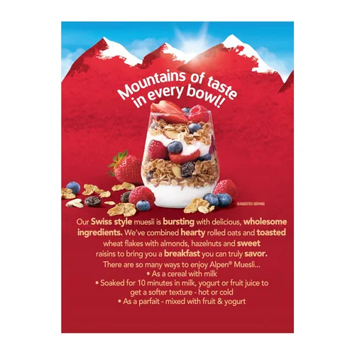 Vista 5 de Alpen Cereal original Muesli, caja de 14 onzas Cereal saludable para el corazón con copos de trigo, avena enrollada, nueces y pasas, proyecto