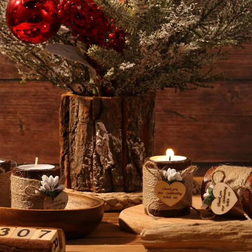 Vista 6 de Treela 12 Piezas Portavelas de Madera para Velas de Té Portavelas para Despedida de Soltera Portavelas Cilíndricos de Madera Rústica con Velas de Té