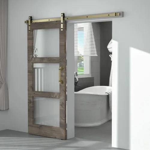 Vista 3 de Kit de herrajes clásicos de latón para puerta corrediza de granero de 5 pies para puerta interior, paquete de oro cepillado con mecanismo de cierre