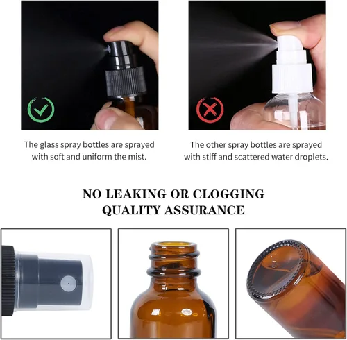 Vista 3 de Botella pulverizadora de vidrio de 2 onzas, botellas de vidrio Boston de niebla fina con pulverizador de niebla fina negra, botellas pequeñas