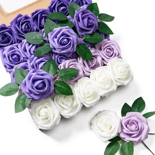Vista 15 de Aegero Flores artificiales, 25 rosas falsas de espuma con tallos para ramos de boda, centros de mesa de despedida de soltera, arreglos, mesas