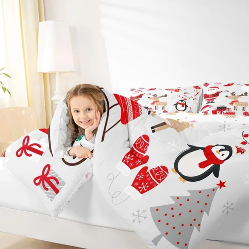 Vista 4 de Erosebridal Lindo juego de edredón de pingüino de dibujos animados, ropa de cama de Feliz Navidad, tamaño individual, regalos de Papá Noel