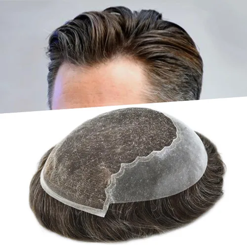 Vista 40 de Toupee para hombres pieza de pelo suave suizo encaje real sistema de cabello humano reemplazo blanqueado nudo mens tupé sistema de pelo para hombres