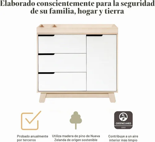 Vista 4 de Babyletto Hudson - Cómoda cambiadora de 3 cajones con bandeja cambiadora extraíble en color natural lavado y blanco, certificado Greenguard Gold