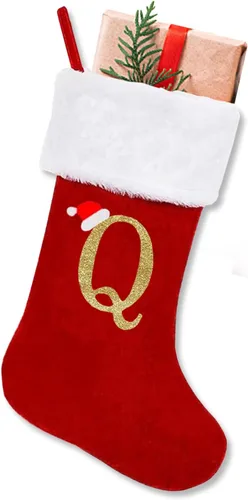 Vista 6 de ALIBBON Medias de Navidad con monograma de 20 pulgadas con iniciales, medias grandes de terciopelo rojo con puño de felpa blanca súper suave, medias