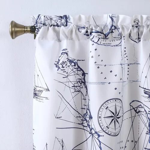 Vista 7 de Juego de 3 cortinas de cocina de tela de poliéster estampada azul aviación océano moderno impermeable blanco, cenefa de 42" de ancho x 12" de largo