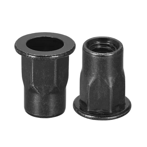 Vista 7 de uxcell Tuercas de remache M4, rosca media hexagonal de acero al carbono galvanizado cabeza plana roscada tuerca de inserción negra 50 piezas