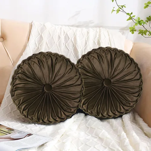Vista 25 de HIG - Juego de 2 almohadas decorativas plisadas redondas de terciopelo verde manzana
