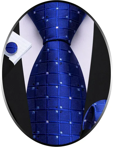 Vista 144 de Barry.Wang Juego de corbatas a cuadros para hombre con pañuelo gemelos de rayas clásicas