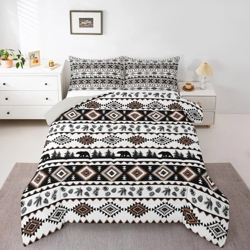 Vista 6 de Castle Fairy Juego de edredón con estampado azteca occidental, juego de ropa de cama geométrica a rayas marrones para niños y adolescentes