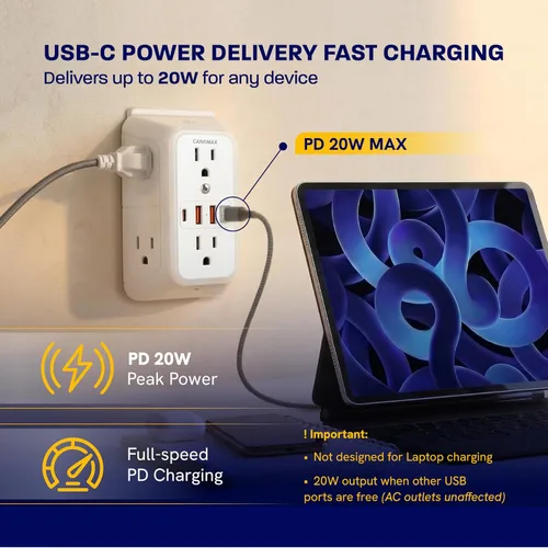 Vista 3 de Extensor de toma de pared de enchufe múltiple, divisor de 6 salidas y 4 puertos USB con carga rápida PD USB-C de 20 W, luz nocturna inteligente