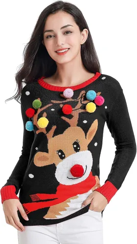 Vista 4 de v28 - Suéter tipo Ugly Christmas (feo de Navidad) para mujer, diversos estilos, suéter de punto con diseño de reno feliz