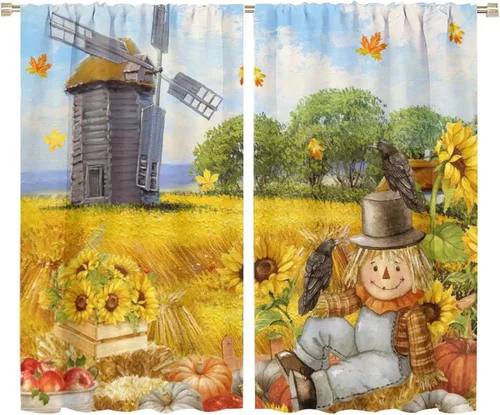 Vista 11 de Divertidas cortinas opacas de calabaza y espantapájaros para sala de estar, rústicas de otoño, hojas de arce, girasol, cosecha de otoño, puesta