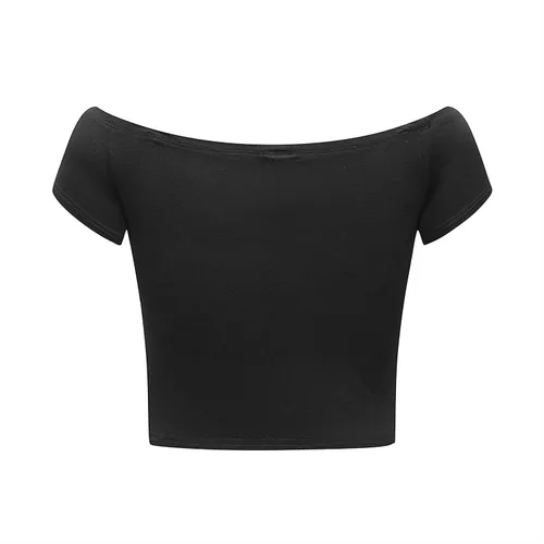 Vista 4 de OThread & Co. Blusa corta de manga corta con hombros descubiertos para mujer, cómoda, básica, con capa elástica