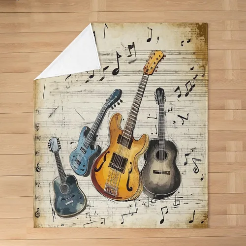 Vista 19 de Red Guitar Flannel Fuzzy Blanket,Hip Pop Music Fleece Throw Blanket Kids Girls Boys Home Room Decor,Red Fire Fashion Guitar Bed Blanket,Musical Note