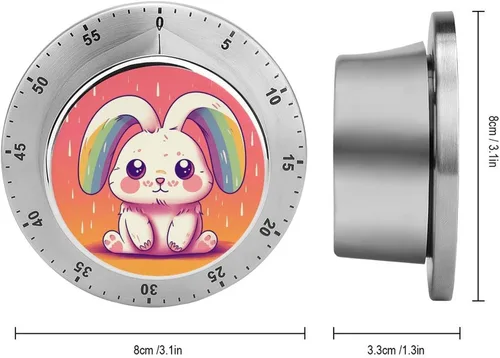 Vista 2 de Conejo con orejas de arco iris, temporizador mecánico de cocina para cocinar 60 minutos con respaldo magnético, alarma fuerte, temporizador