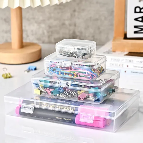 Vista 7 de Paquete de 7 mini recipientes de plástico rectangulares de varios tamaños, cajas de almacenamiento de plástico transparente con tapas con bisagras