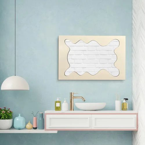 Vista 5 de Espejo de pared irregular asimétrico de 40 x 26 pulgadas, espejo decorativo con marco de madera para sala de estar, dormitorio, baño, entrada sobre