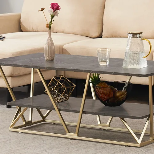 Vista 2 de ivinta Mesa auxiliar con almacenamiento, mesa central rectangular moderna con mármol sintético y marco dorado para espacios pequeños, mesa de sala