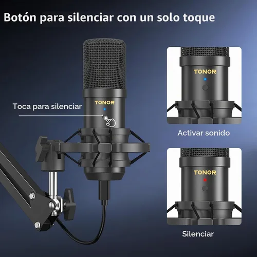 Vista 4 de TONOR Micrófono de PC con kit de brazo Boom para podcast, micrófono de condensador para computadora, recogida cardioide, micrófono USB con soporte