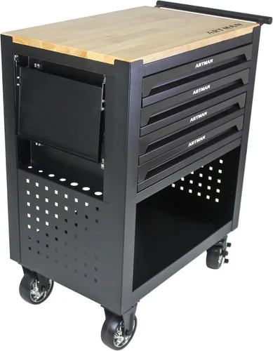 Vista 8 de Caja de herramientas con ruedas de 4 cajones, carrito de almacenamiento de herramientas con parte superior de madera, caja de herramientas