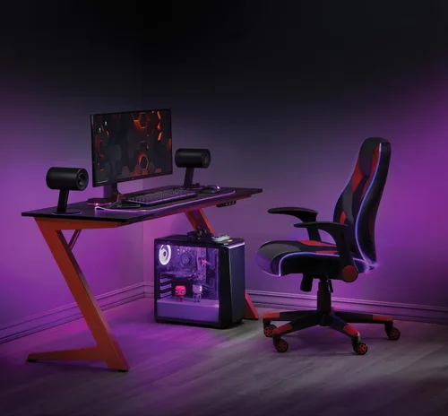 Vista 2 de OSP Home Furnishings Beta Battlestation - Escritorio para juegos con luces LED RGB Bluetooth, color rojo mate