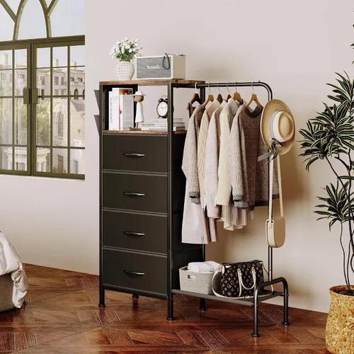 Vista 7 de Homeiju Cómoda con estante para colgar, cómoda reversible para dormitorio con 4 cajones y perchero y bolsillos laterales, cómoda con perchero, Negro