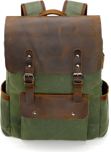 Vista 10 de Modoker Mochila de lona encerada, mochila de cuero para hombres y mujeres, mochila vintage de viaje para laptop de 15.6 pulgadas, mochila retro