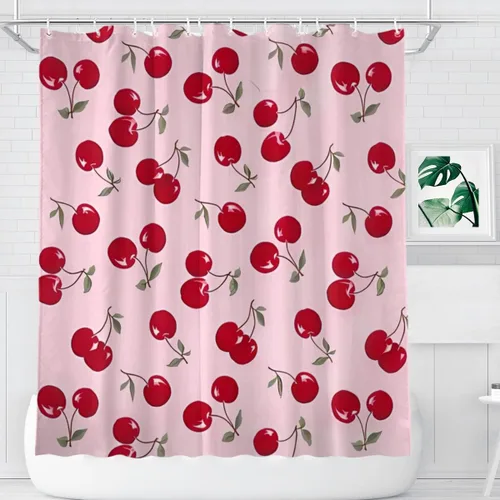 Vista 10 de KOMIKU Juego de cortina de ducha estética de frutas con diseño floral de cereza rosa, decoración de baño de frutas de verano, de poliéster, lona