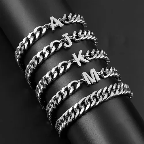 Vista 4 de Ritach Initial Bracelets for Men Silver, 2PCS Stainless Steel Cuban Chain Link Initial Bracelets for Mens Bracelet Set Letter A-Z Bracelets for Men