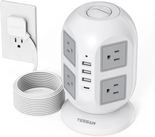 Vista 11 de Regleta de alimentación con protector de sobretensión TESSAN, torre, cable de extensión plano de 10 pies con múltiples tomas, 8 salidas de CA, 4