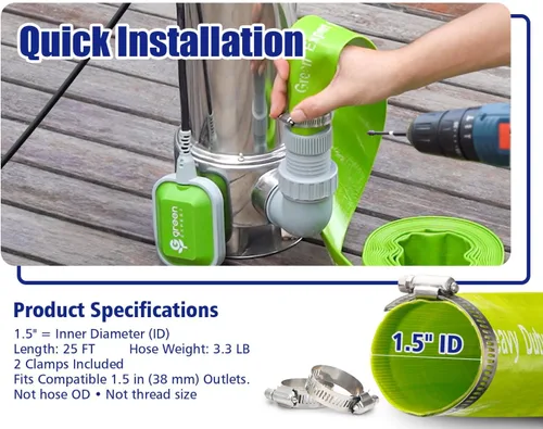 Vista 3 de Green Expert - Kit de bomba sumergible de sumidero de 1.5 HP con manguera de descarga plana de 25 pies, bomba de extracción de agua de acero