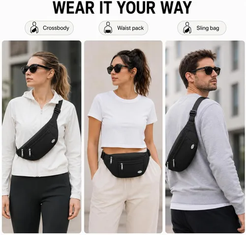 Vista 3 de Entchin Riñonera para mujeres y hombres, bolsa cruzada con 4 bolsillos con cremallera, bolsa de cintura ajustable, uno de los regalos esenciales