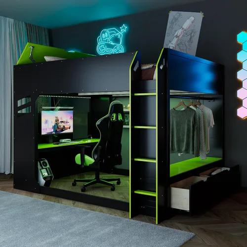 Vista 13 de KLMM Cama loft de madera creativa de tamaño individual con escritorio y estantes de almacenamiento múltiple, LED y un perchero para colgar ropa