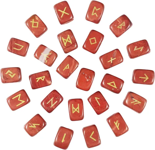 Vista 11 de Nupuyai Juego de piedras rúnicas naturales de cristal pulido de brujas con alfabeto rúnico Futhark de élder grabado para meditación y curación