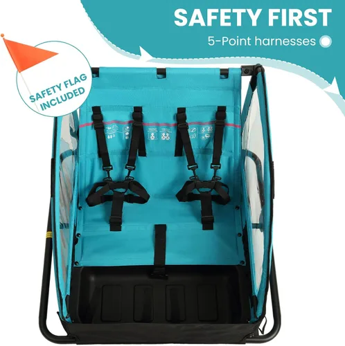 Vista 10 de Remolque de bicicleta para niños, adecuado para 1 a 2 niños, doble asiento, acoplador universal, plegable, toldo con pantalla contra insectos
