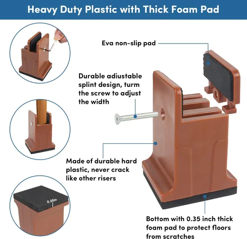 Vista 3 de DEDU Elevadores de cama con abrazadera de tornillo ajustable, elevadores de sofá de 3 pulgadas, resistentes, paquete de 4 unidades que soportan