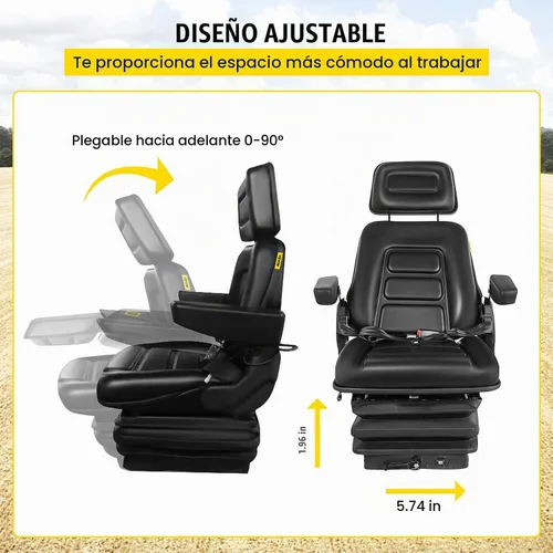 Vista 3 de VEVOR Asiento de suspensión con respaldo ajustable, reposacabezas y reposabrazos, asiento de carretilla elevadora con rieles deslizantes, plegable